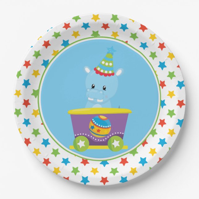 Hippo | Circus Train | Circus Theme Paper Plates (Front)