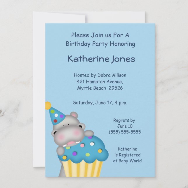 Hippo Cupcake Birthday  Invitation (Front)