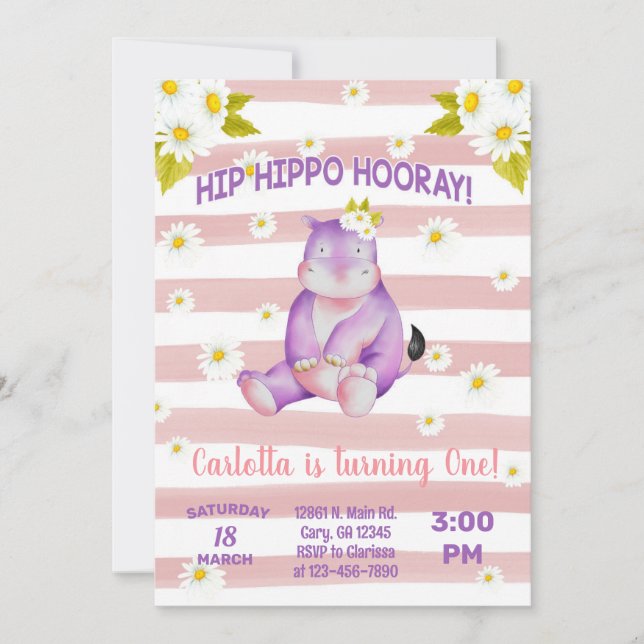 Hippo daisies girl birthday invitation. invitation (Front)