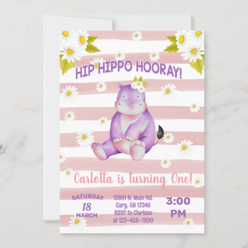 Hippo daisies girl birthday invitation invitation