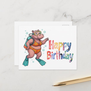 Hippo diver underwater Happy Birthday Postcard