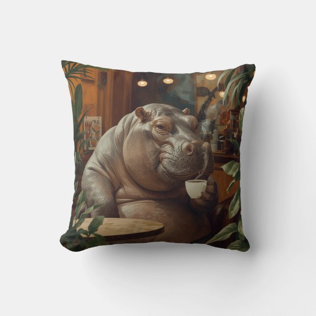 Hippo drinks coffee. Surreal style Throw Pillow (Front)