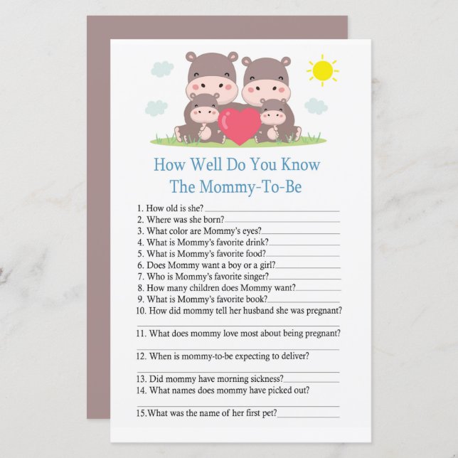 Hippo family How well do you know baby shower game (Front/Back)