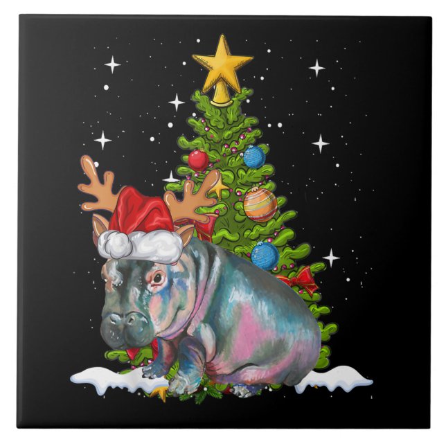 Hippo Fiona Christmas Tree Hippopotamus Ceramic Tile (Front)