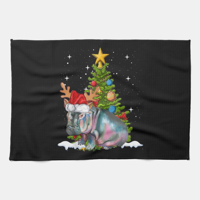 Hippo Fiona Christmas Tree Hippopotamus Kitchen Towel (Horizontal)