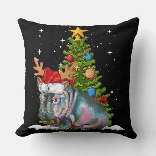 Hippo Fiona Christmas Tree Hippopotamus Throw Pillow