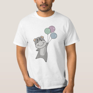 Hippo Flies With Balloons Sweet Animals For T-Shirt
