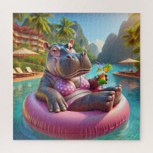 Hippo Floating In A Pool With Cocktail Drink Jigsaw Puzzle