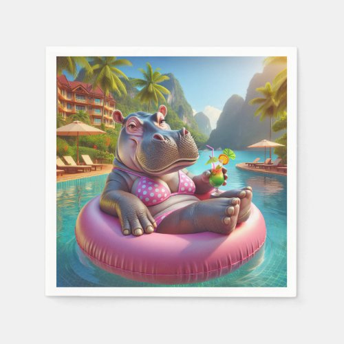 Hippo Floating In A Pool With Cocktail Drink Napkins