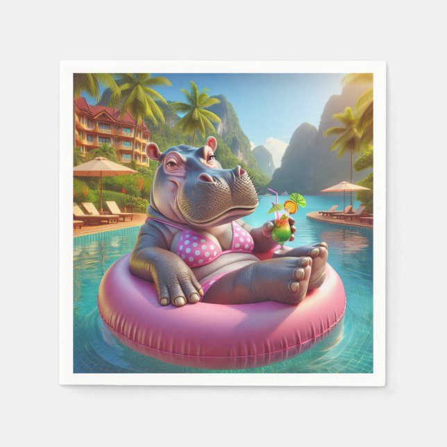 Hippo Floating In A Pool With Cocktail Drink Napkins (Front)