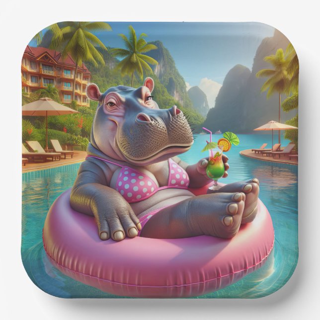 Hippo Floating In A Pool With Cocktail Drink Paper Plates (Front)