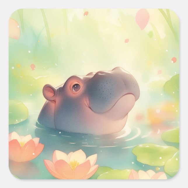 Hippo Floral Pond Hideaway in the Forest Square Sticker (Front)