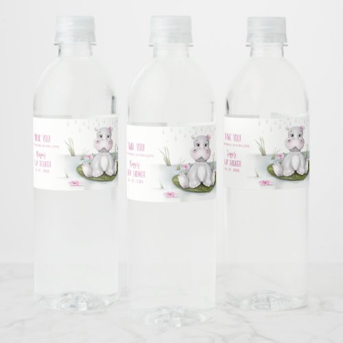 Hippo Girl Baby Shower Water Bottle Label