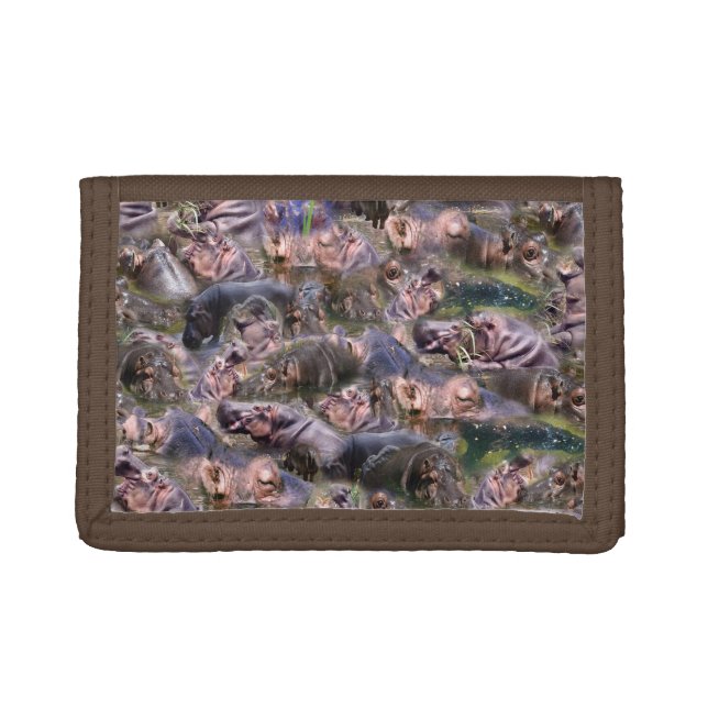 **"Hippo Haven: A Playful Collage of River Giants" Trifold Wallet (Front)