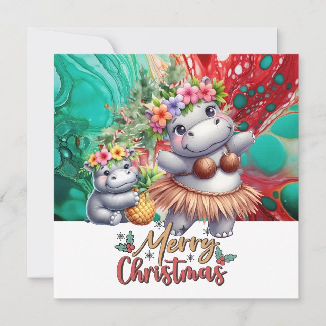 Hippo Hawaii Christmas Greeting  Holiday Card (Front)