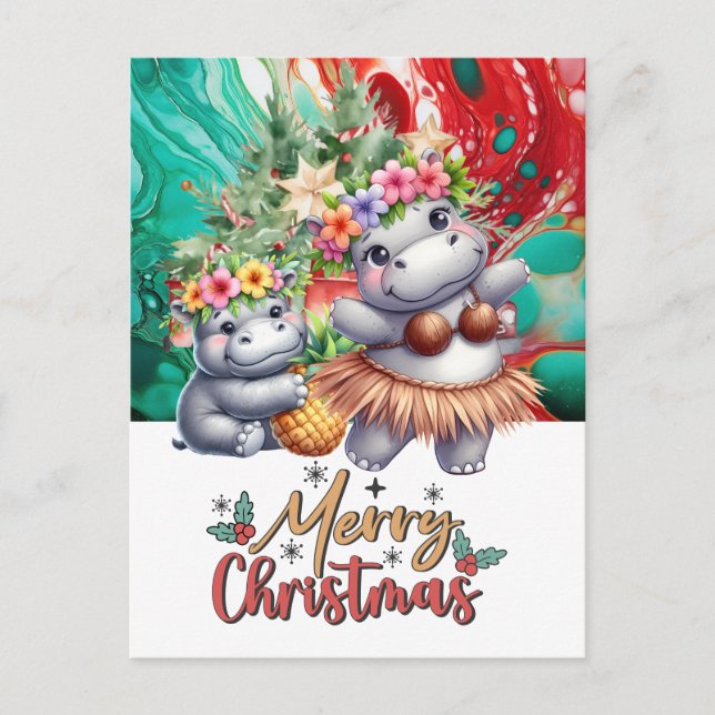 Hippo Hawaii Christmas Greeting  Holiday Postcard (Front)