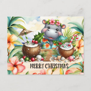 Hippo Hawaii Christmas Greeting Holiday Postcard