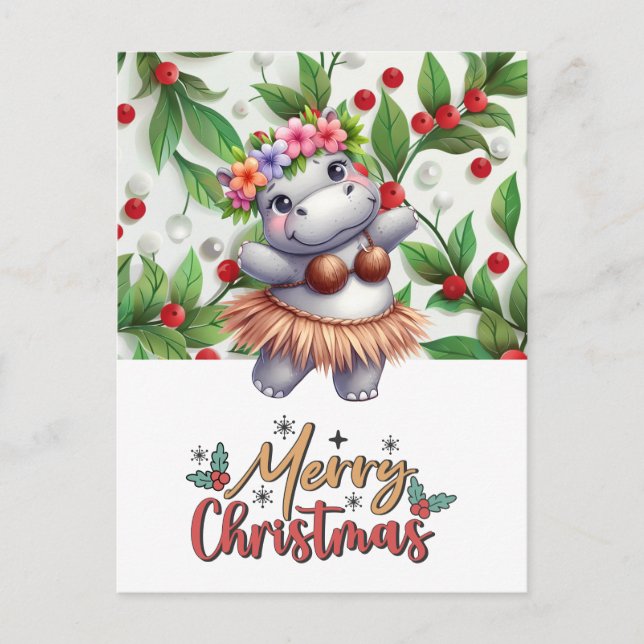 Hippo Hawaii Christmas Greeting  Holiday Postcard (Front)