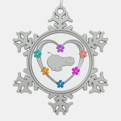 Hippo Heart Snowflake Pewter Christmas Ornament
