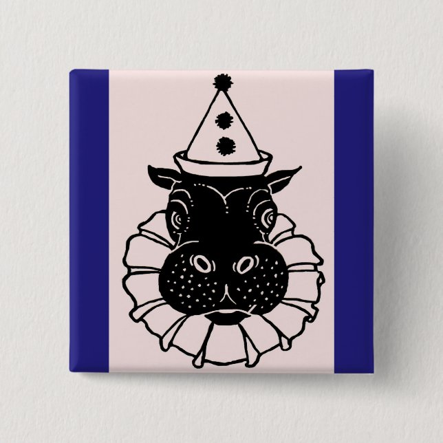 hippo in a party hat pinback button (Front)