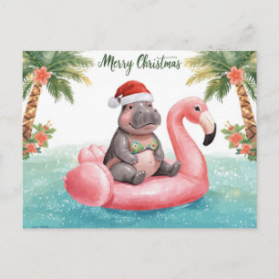 Hippo in Bikini at Christmas Pool Party Holiday Postcard