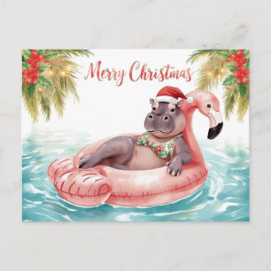 Hippo in Bikini at Christmas Pool Party  Holiday Postcard