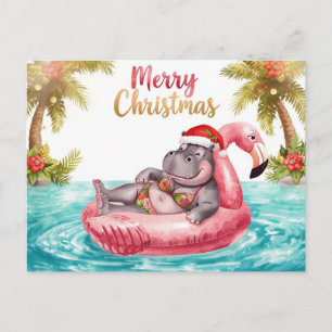 Hippo in Bikini at Christmas Pool Party Holiday Postcard