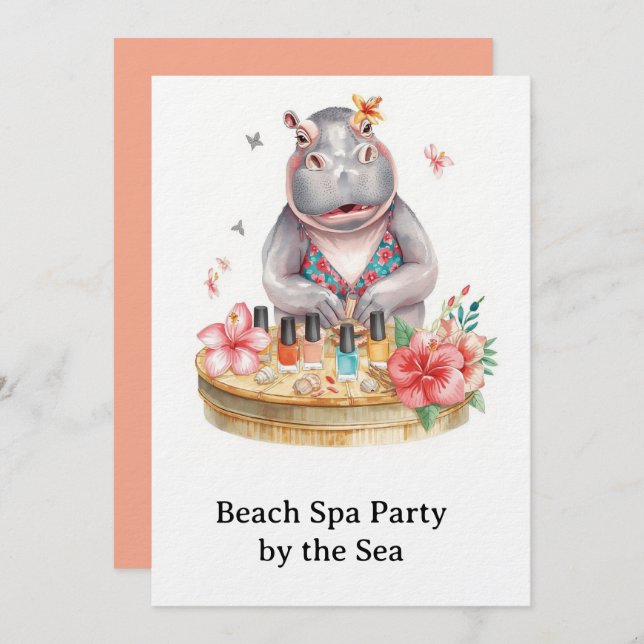  Hippo in Bikini Manicure Coastal Beauty beach spa Invitation (Front/Back)