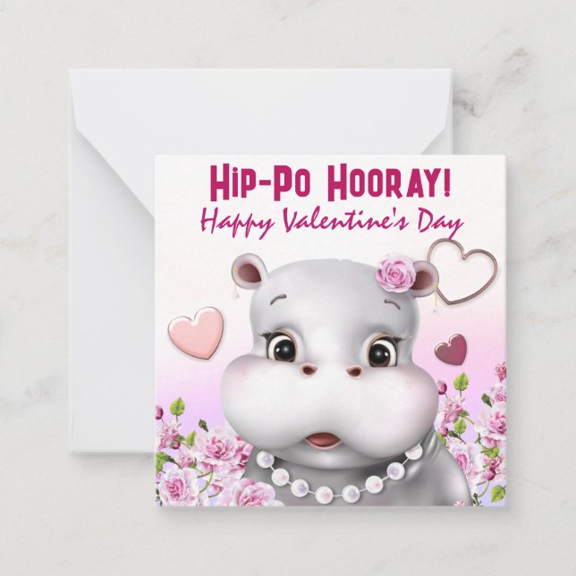 Hippo in Pearls Classroom Valentine Card (Front)