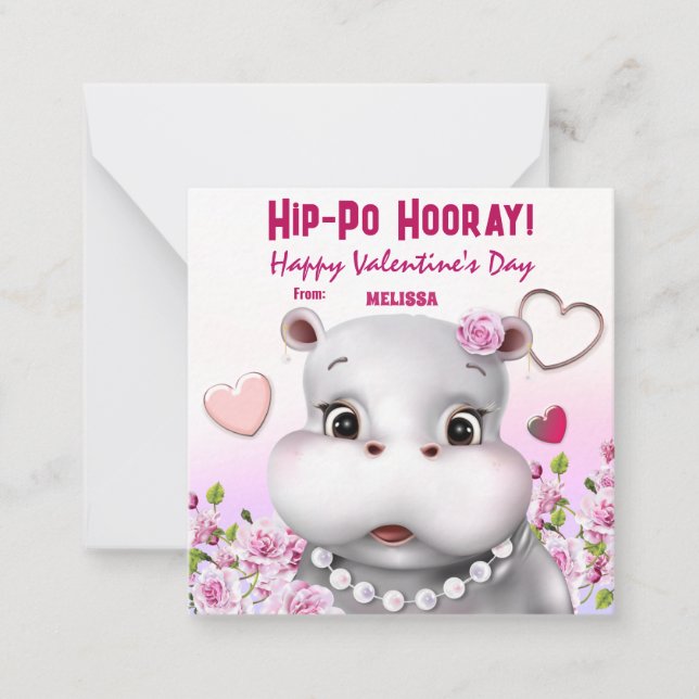 Hippo in Pearls Pink Floral Classroom Love Note Card (Front)
