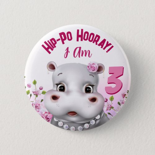 Hippo in Pearls Pink Floral Girl Birthday Button