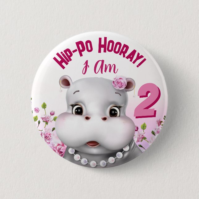 Hippo in Pearls Pink Floral Girl Birthday Button (Front)