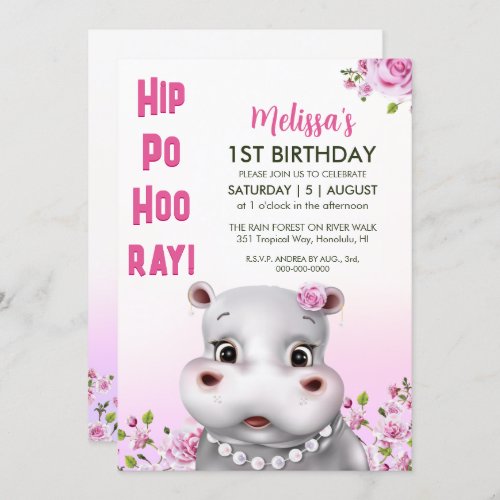 Hippo in Pearls Pink Floral Girl Birthday Invitation