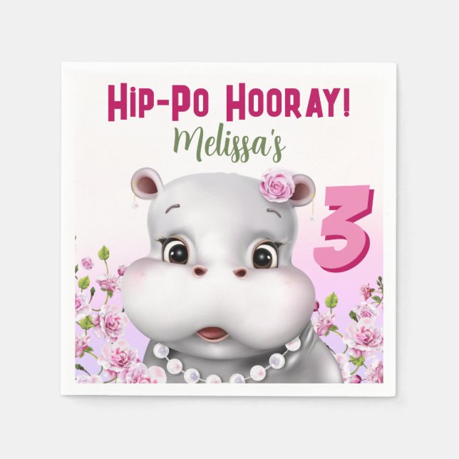 Hippo in Pearls Pink Floral Girl Birthday Napkins (Front)