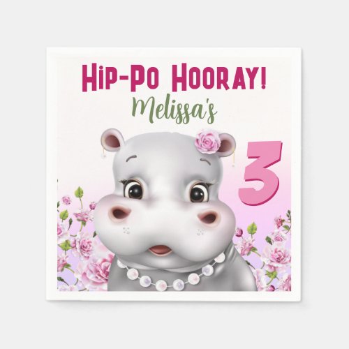 Hippo in Pearls Pink Floral Girl Birthday Napkins