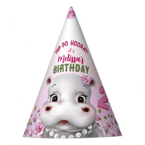 Hippo in Pearls Pink Floral Girl Birthday Party Hat