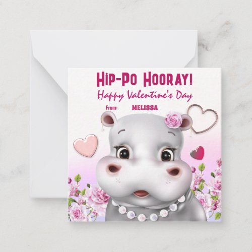 Hippo in Pearls Pink Floral Girl Classroom Love Note Card