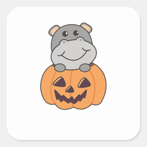 Hippo In Pumpkin Sweet Hippos Happy Halloween Square Sticker