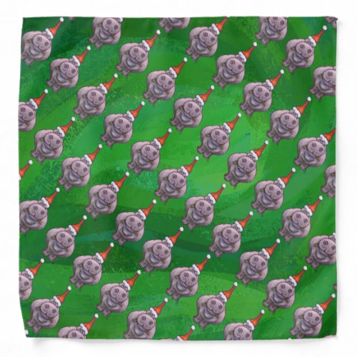 Hippo in Santa Hat Pattern On Green Bandana