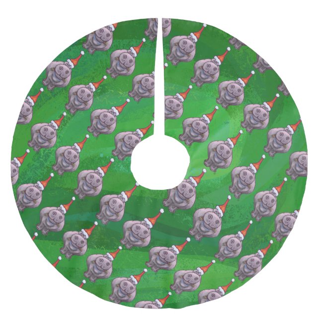 Hippo in Santa Hat Pattern On Green Brushed Polyester Tree Skirt (Front)