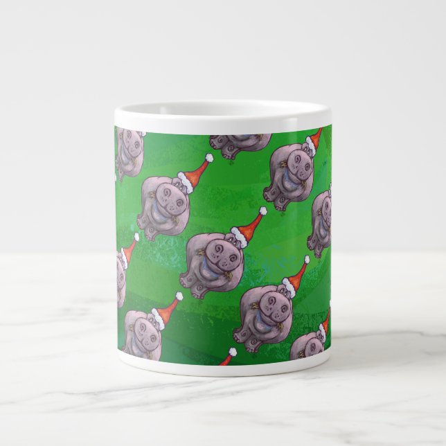 Hippo in Santa Hat Pattern On Green Large Coffee Mug (Front)
