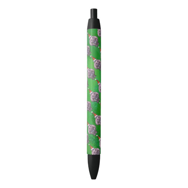 Hippo in Santa Hat Pattern On Green Pen (Front Vertical)