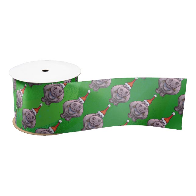 Hippo in Santa Hat Pattern On Green Satin Ribbon (Spool)