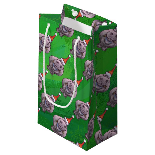 Hippo in Santa Hat Pattern On Green Small Gift Bag (Front Angled)