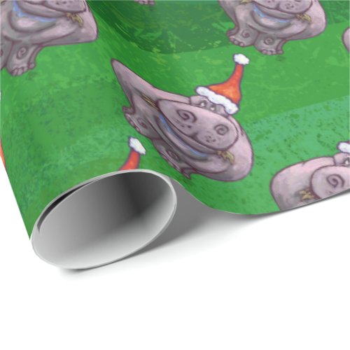 Hippo in Santa Hat Pattern On Green Wrapping Paper