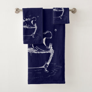 Hippo in the Bath Fun Illustration Navy Blue Towel Set