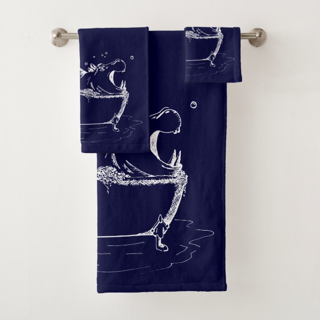 Hippo in the Bath Fun Illustration Navy Blue Towel Set (Insitu)