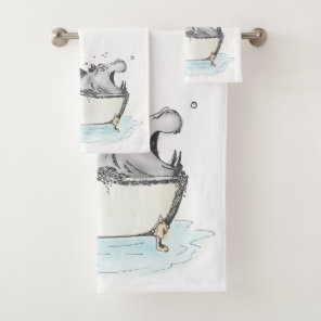 Hippo in the Bath Fun Illustration Watercolor Bath Towel Set