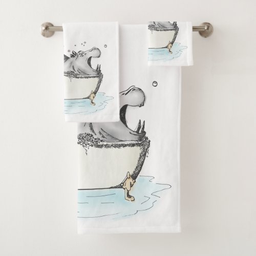 Hippo in the Bath Fun Illustration Watercolor Bath Towel Set