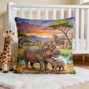 Hippo Mama And Calf Safari Animals Throw Pillow